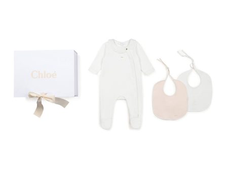 Baby Girls White Cotton Babysuit & Bibs Set For Sale